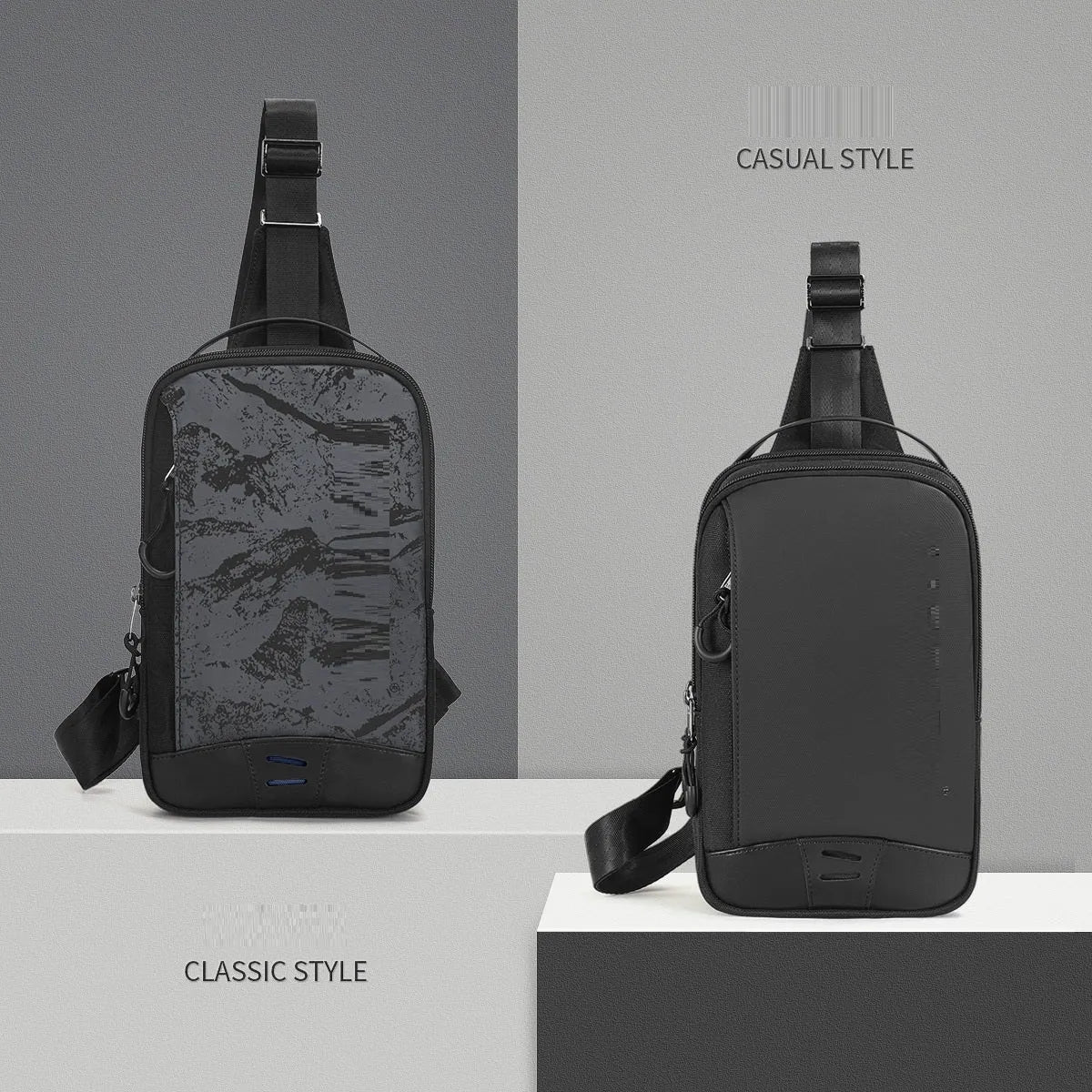 Casual black waterproof TPU chest bag with landscape camouflage pattern and adjustable shoulder strap