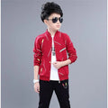 Boys' two-piece cotton outfit with printed coat and pants in navy blue, black or wine red, sizes 120-160.