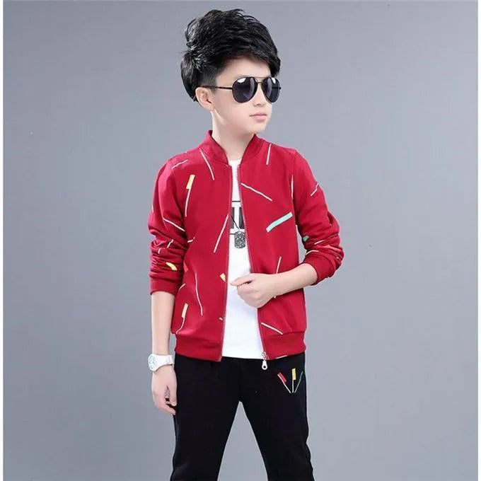 Boys' two-piece cotton outfit with printed coat and pants in navy blue, black or wine red, sizes 120-160.