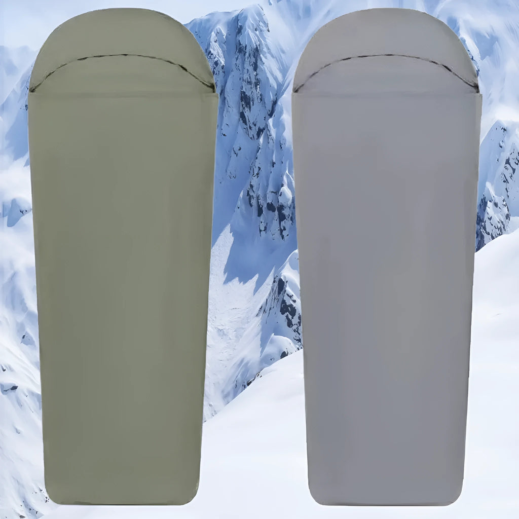Blue mummy-style nylon camping sleeping bag shown rolled, highlighting its tapered 210cm length and compact design.