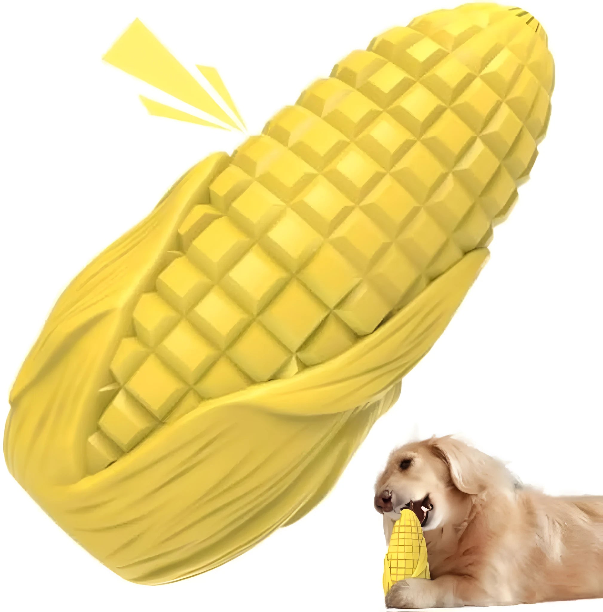 Blue and yellow corn-shaped dog chew toy for medium large breed aggressive chewers