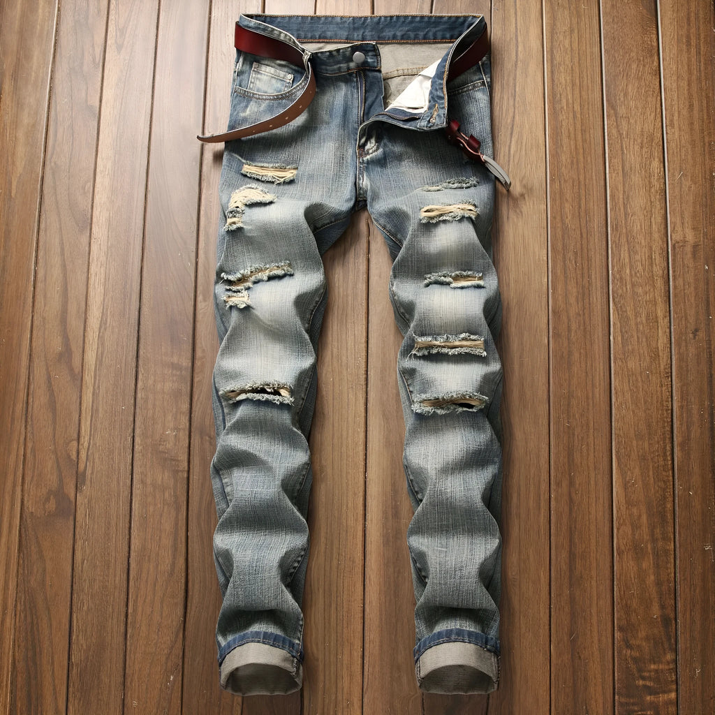 Cotton Blend Ripped Straight Denim Trousers for Men Mid Waist Zipper Fly Light Straight Leg Dark Blue Light Blue Nostalgia Sizes 28-42