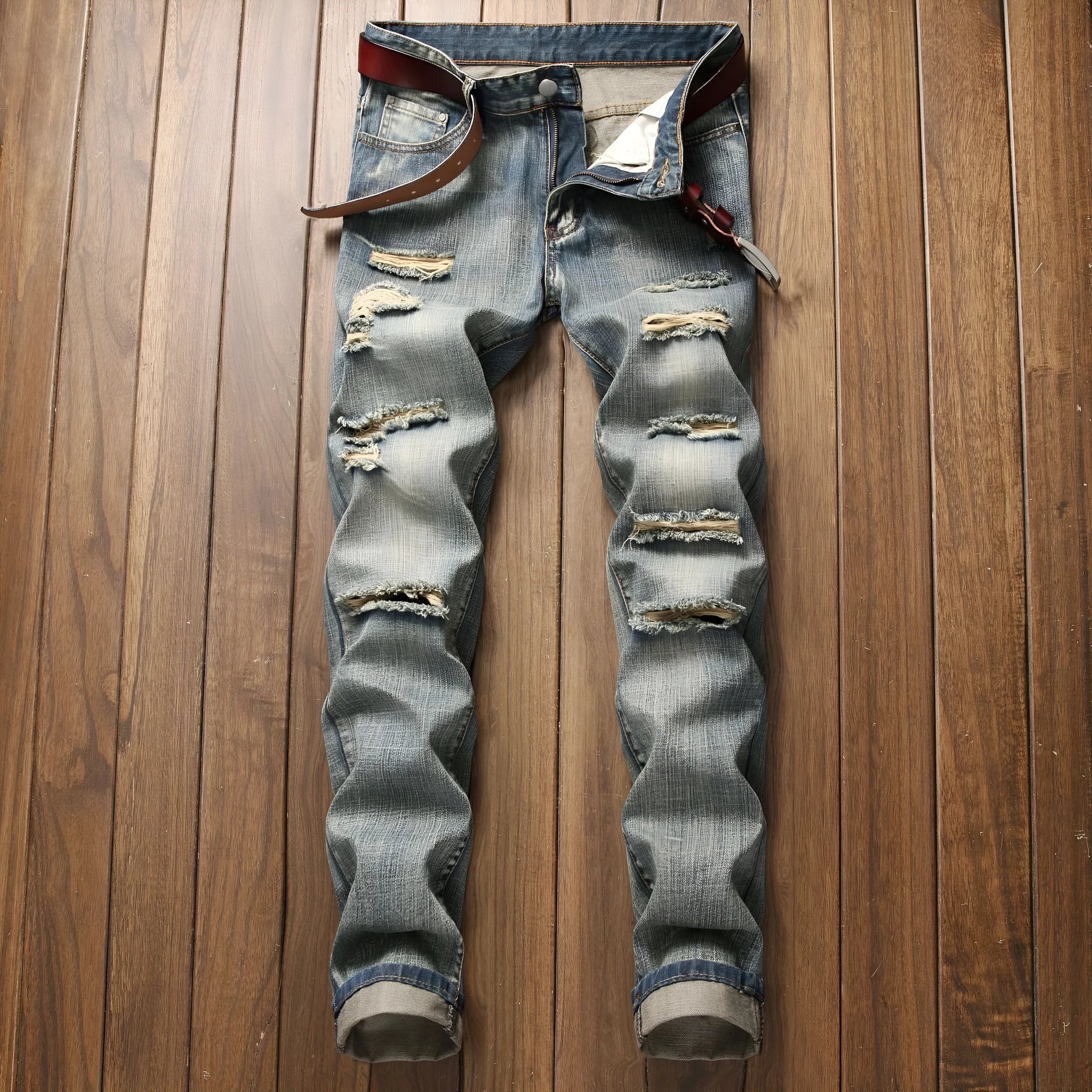 Cotton Blend Ripped Straight Denim Trousers for Men Mid Waist Zipper Fly Light Straight Leg Dark Blue Light Blue Nostalgia Sizes 28-42