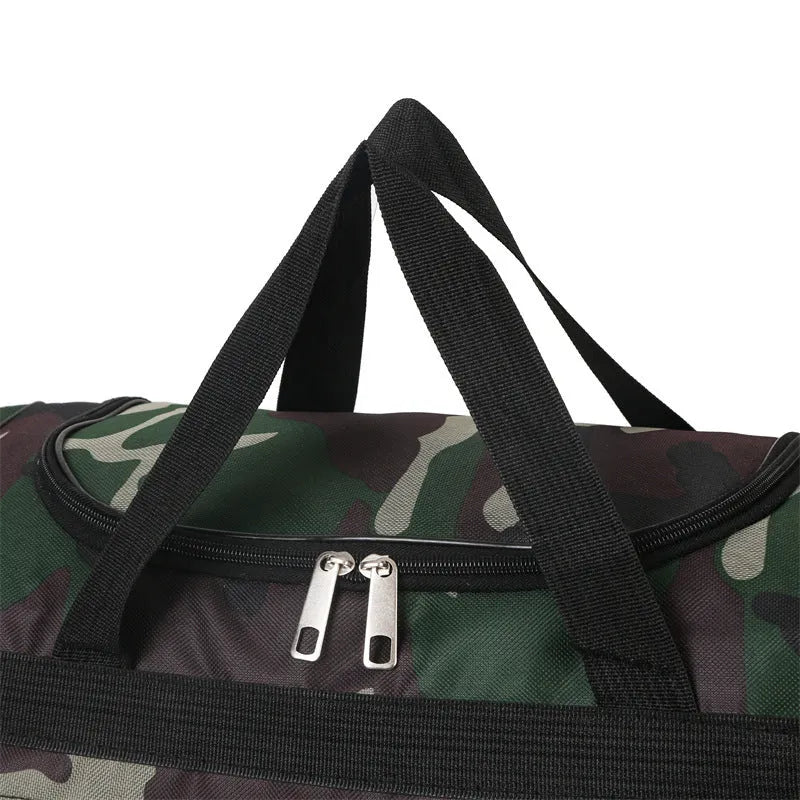 Camouflage patterned waterproof luggage bag with stripe lining, shown with capacity below 20 litres.