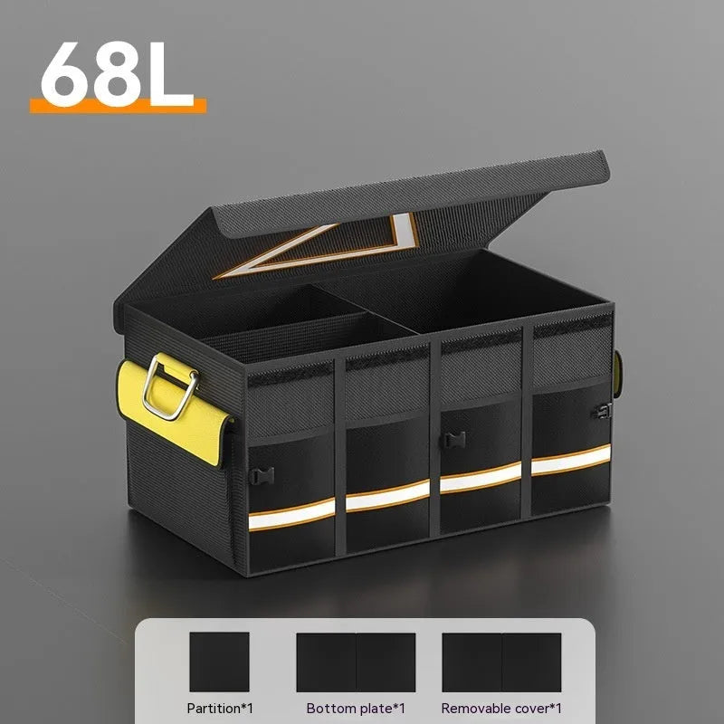 Black and yellow foldable car storage bag with handle in three size options