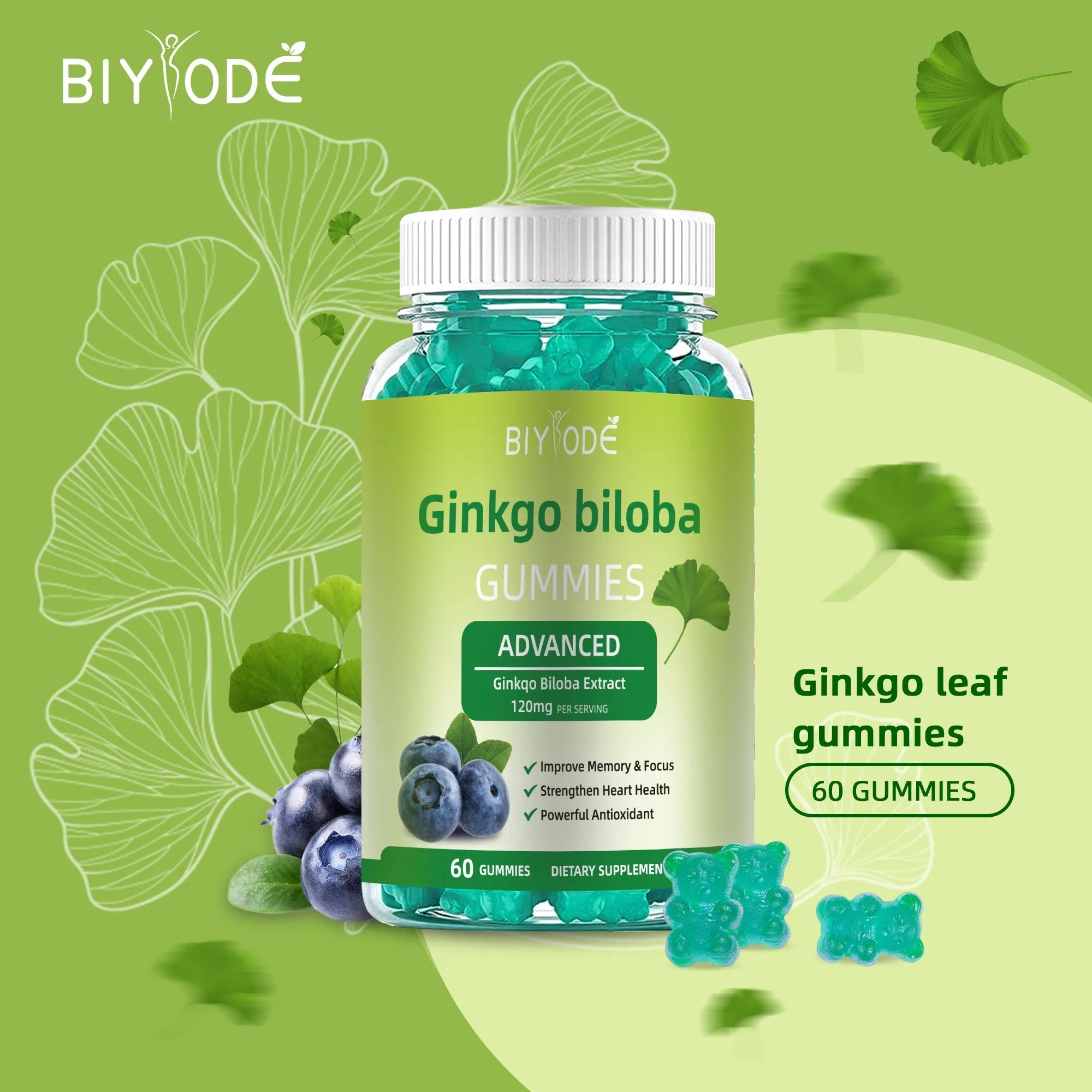 Ginkgo biloba gummies bottle with 60 gummies for memory and focus support herbal supplement