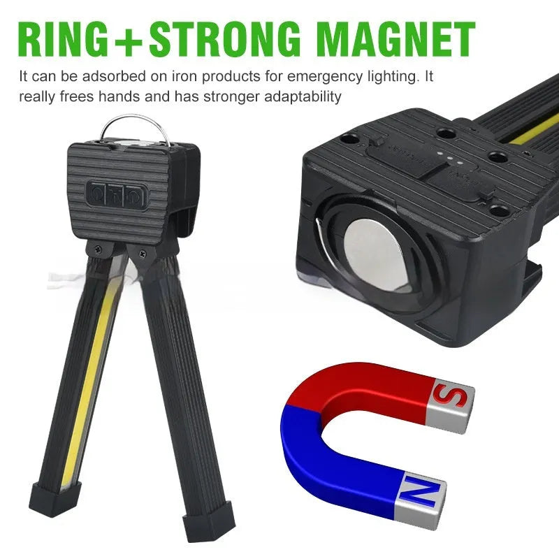 A55 rechargeable COB work light with magnetic base and folding hook for camping and auto repair