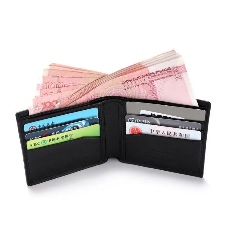 Short horizontal genuine leather cowhide wallet with pearl fishskin lining.