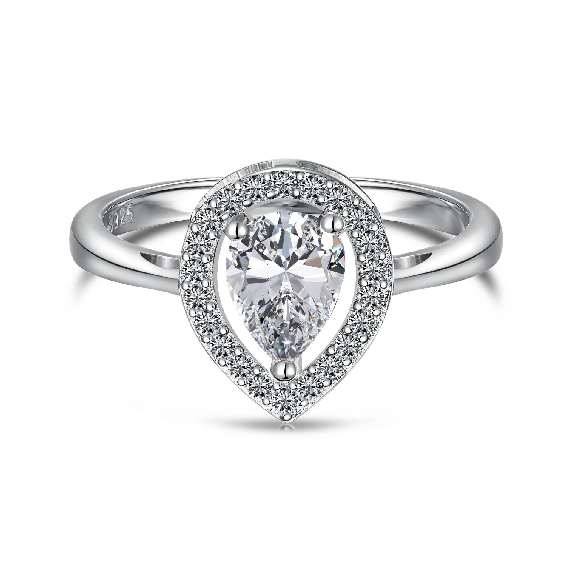 S925 sterling silver ring with drop-shaped diamond zircon stone in light luxury style on a plain background