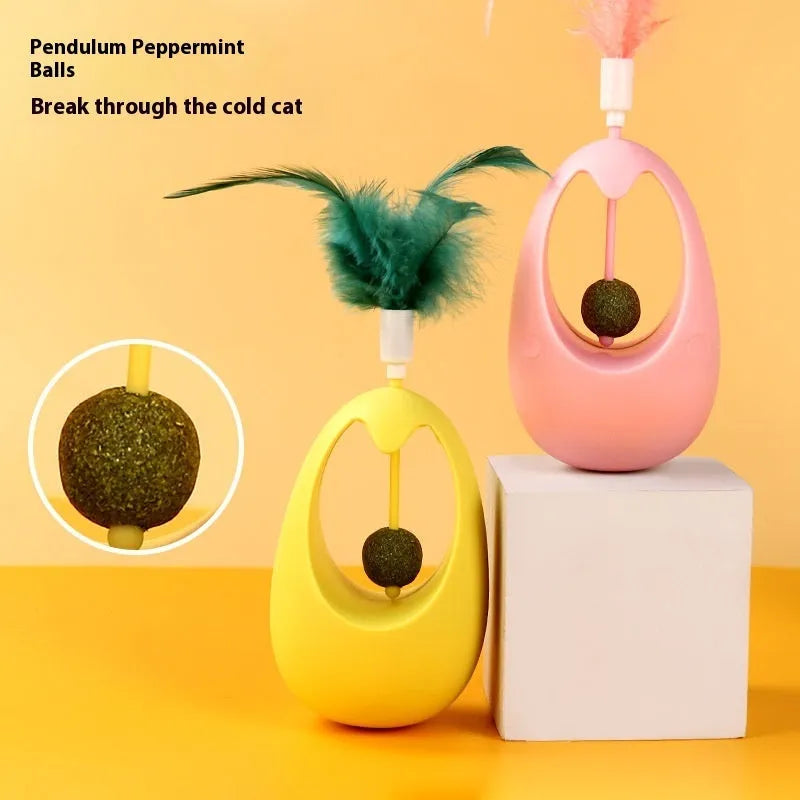 Catnip ball tumbler cat teaser toy with molar ball, 7x7x11cm PP, in mint ink blue, mint durian yellow, or cherry blossom pink