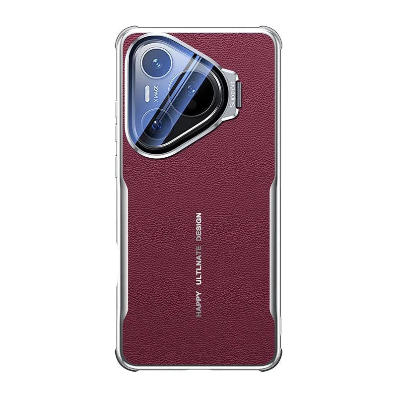 Black plain leather Huawei phone case with an invisible kickstand deployed.