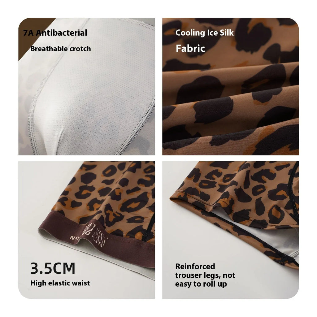Men's leopard print ice silk polyester underwear pants on a mid waist
