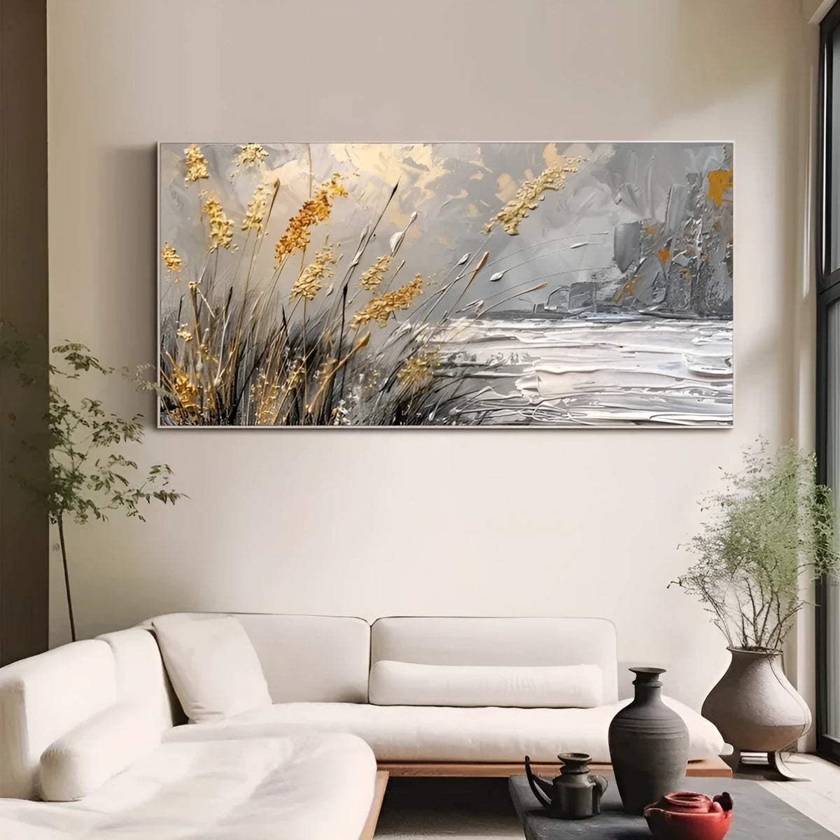 Hand-painted abstract lake reed beds oil painting on unframed horizontal canvas for wall art