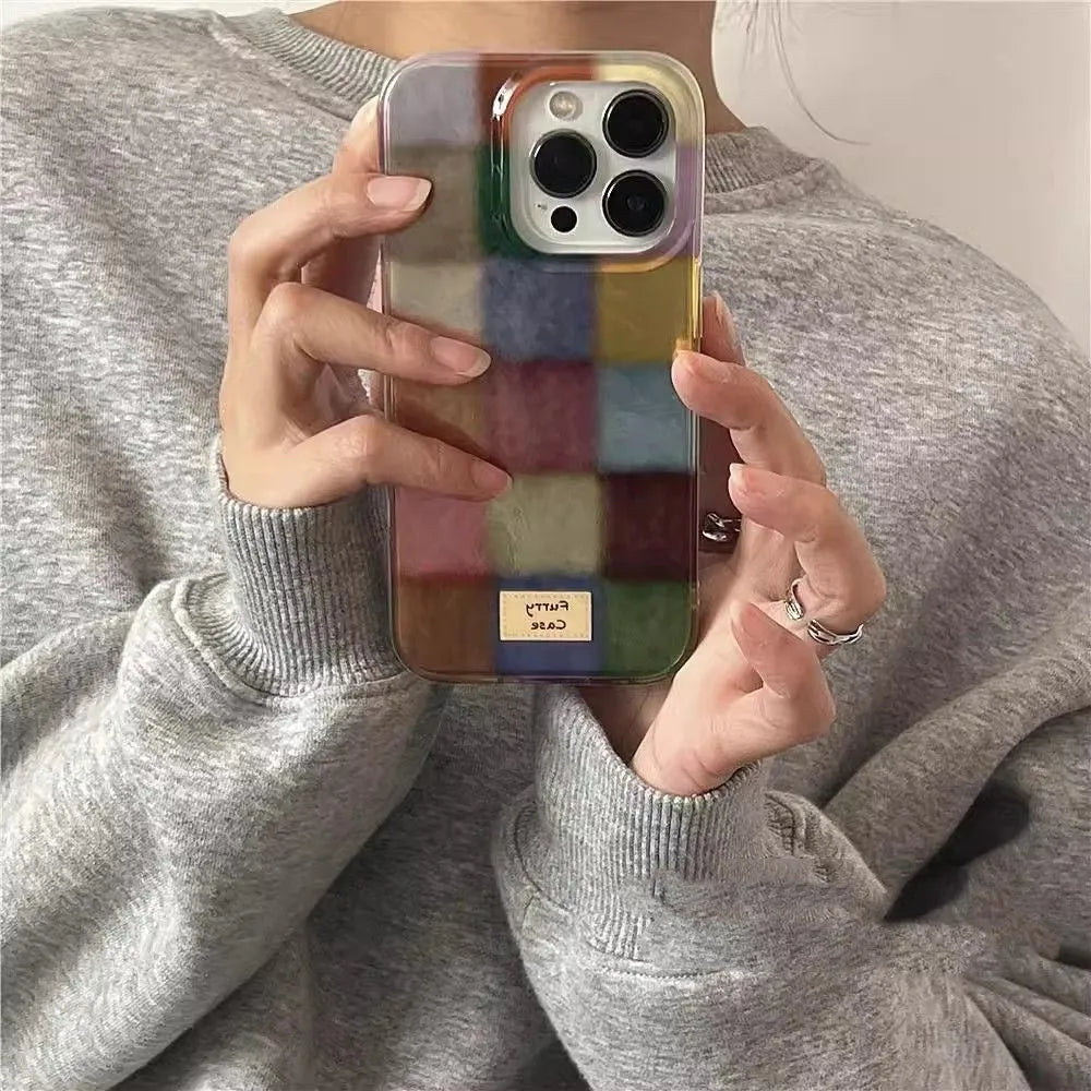 All-inclusive silicone phone case with feather yarn IMD retro small squares design for iPhone models