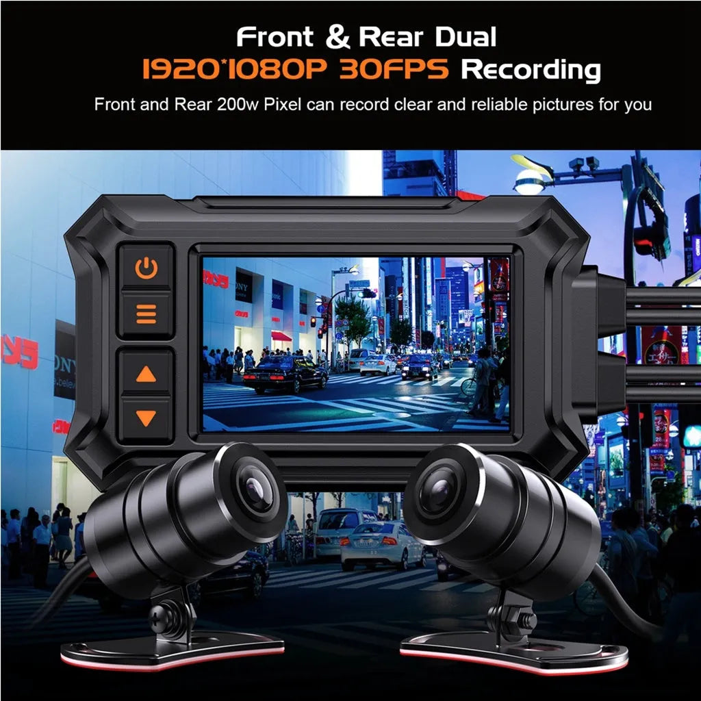 Motorcycle dash camera unit with front and rear lenses, GPS module, and 3-inch display screen.