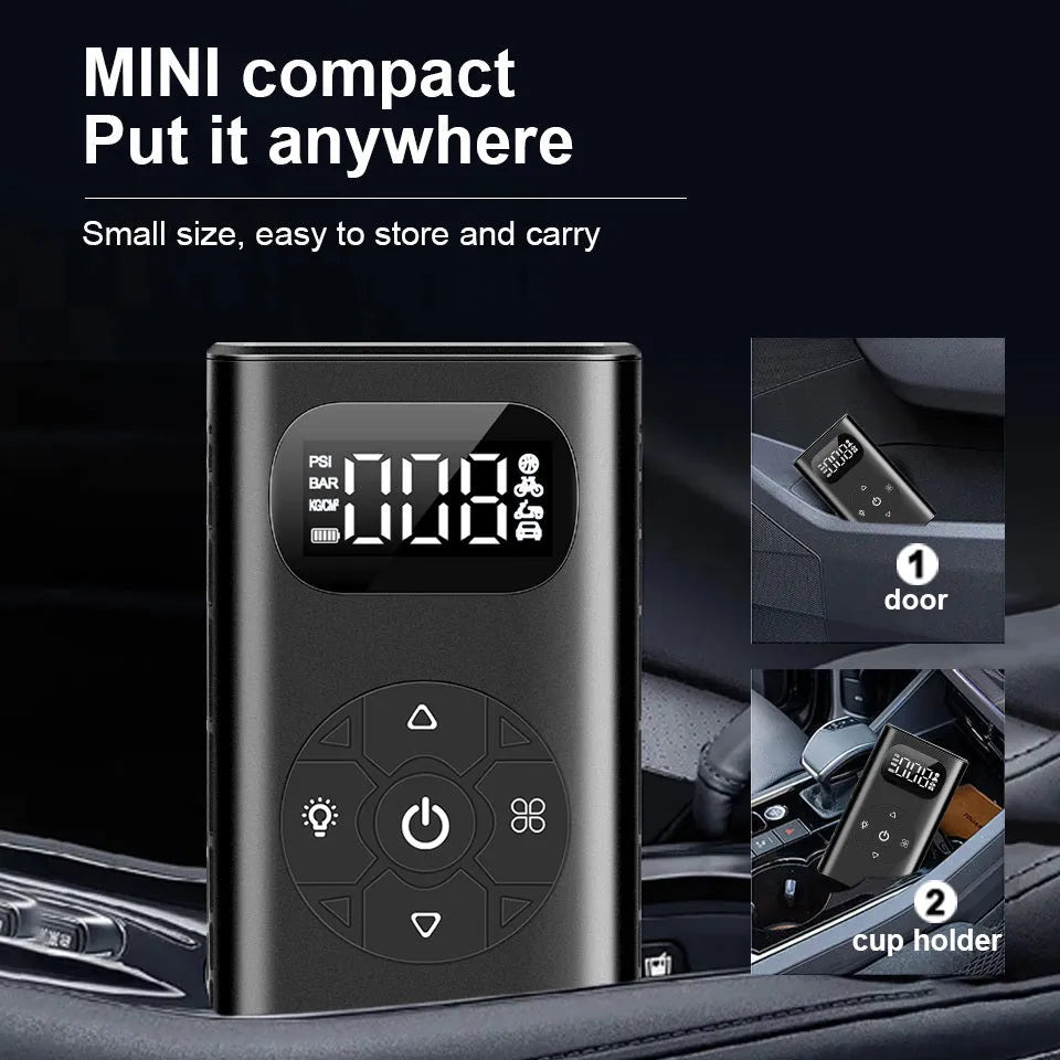 Black portable M09X electric air compressor and power bank with digital display and hose.