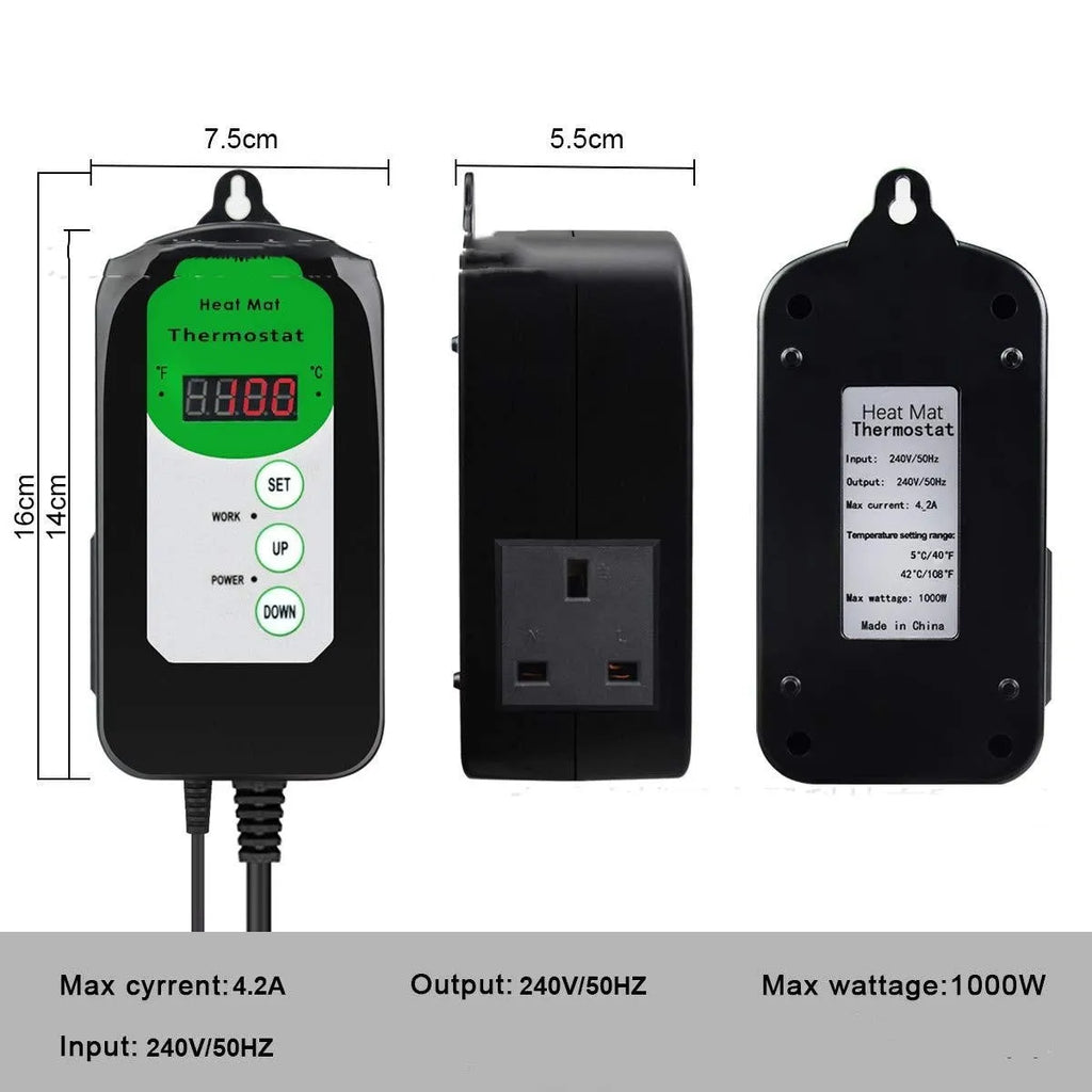 Digital temperature and humidity controller with LCD display showing temperature readings