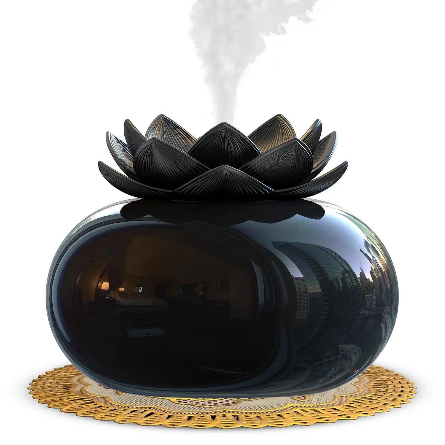 Pure black round Lotus aromatherapy humidifier with USB cable on a wooden surface.