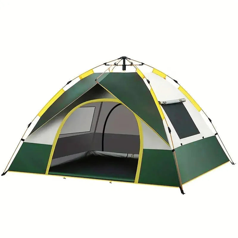 Dark green automatic quick-open dome tent for 3-4 people pitched in an outdoor setting.