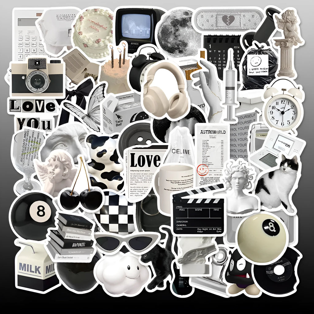 61-piece pack of black and white PVC waterproof decorative stickers laid flat.