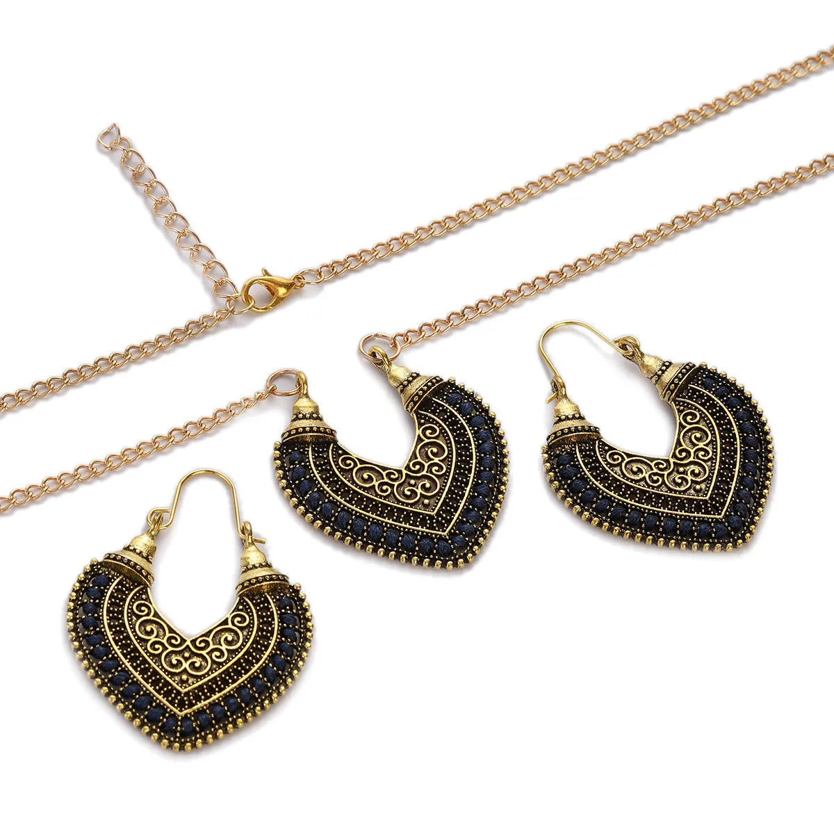 Heart-shaped rope winding earrings and necklace set with electroplated alloy pendants in six colours