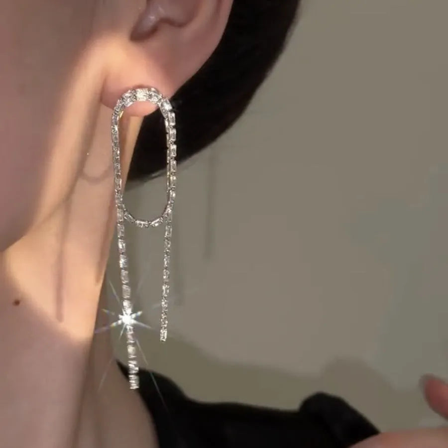 Silver knotted zircon long tassel ear studs for women geometric shape copper electroplated