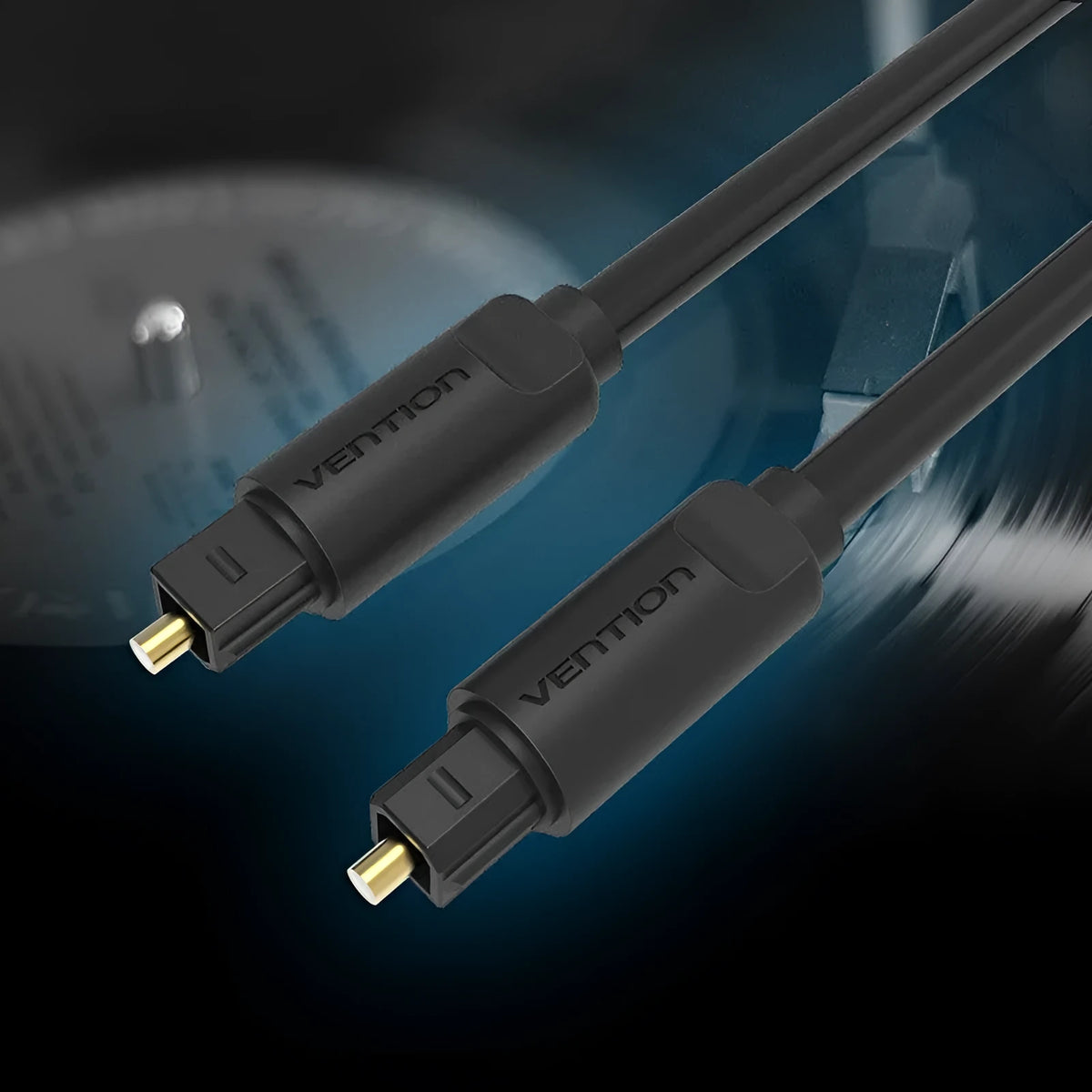 Black fiber optic audio cable with gold-plated connectors, shown in lengths from 1 m to 5 m