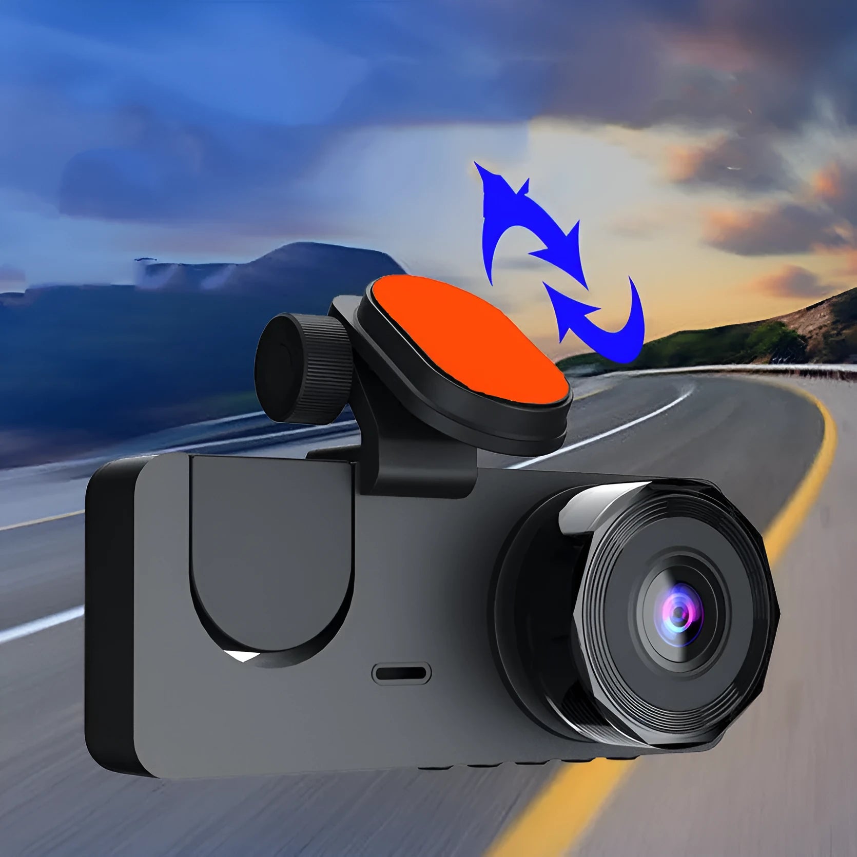Black dashboard camera mounted on car windscreen recording HD 1080P front and rear video