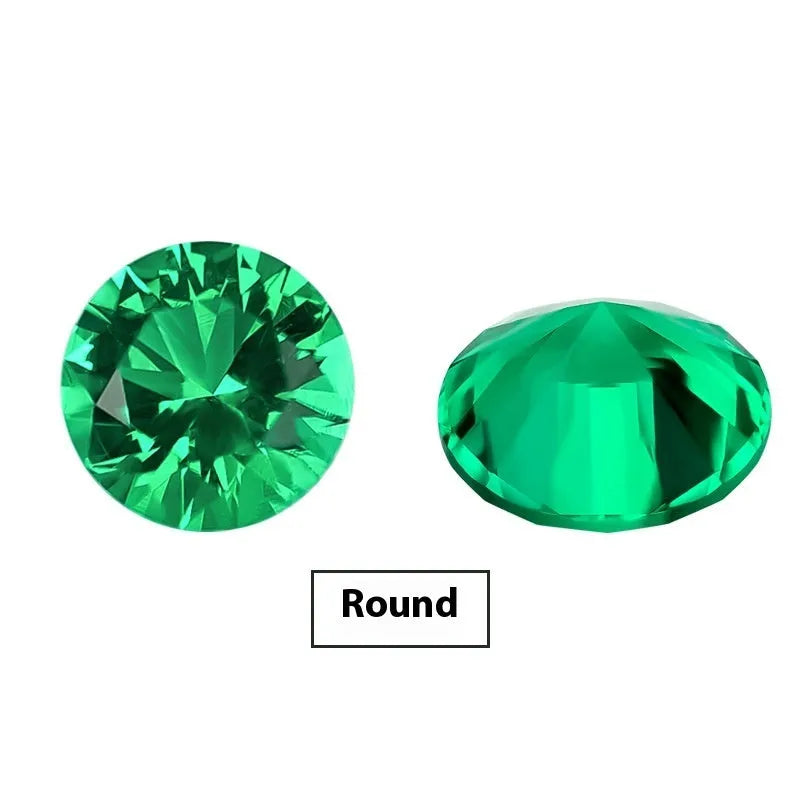 A loose cultivated emerald gemstone in a columbia green treasure colour on a white background.