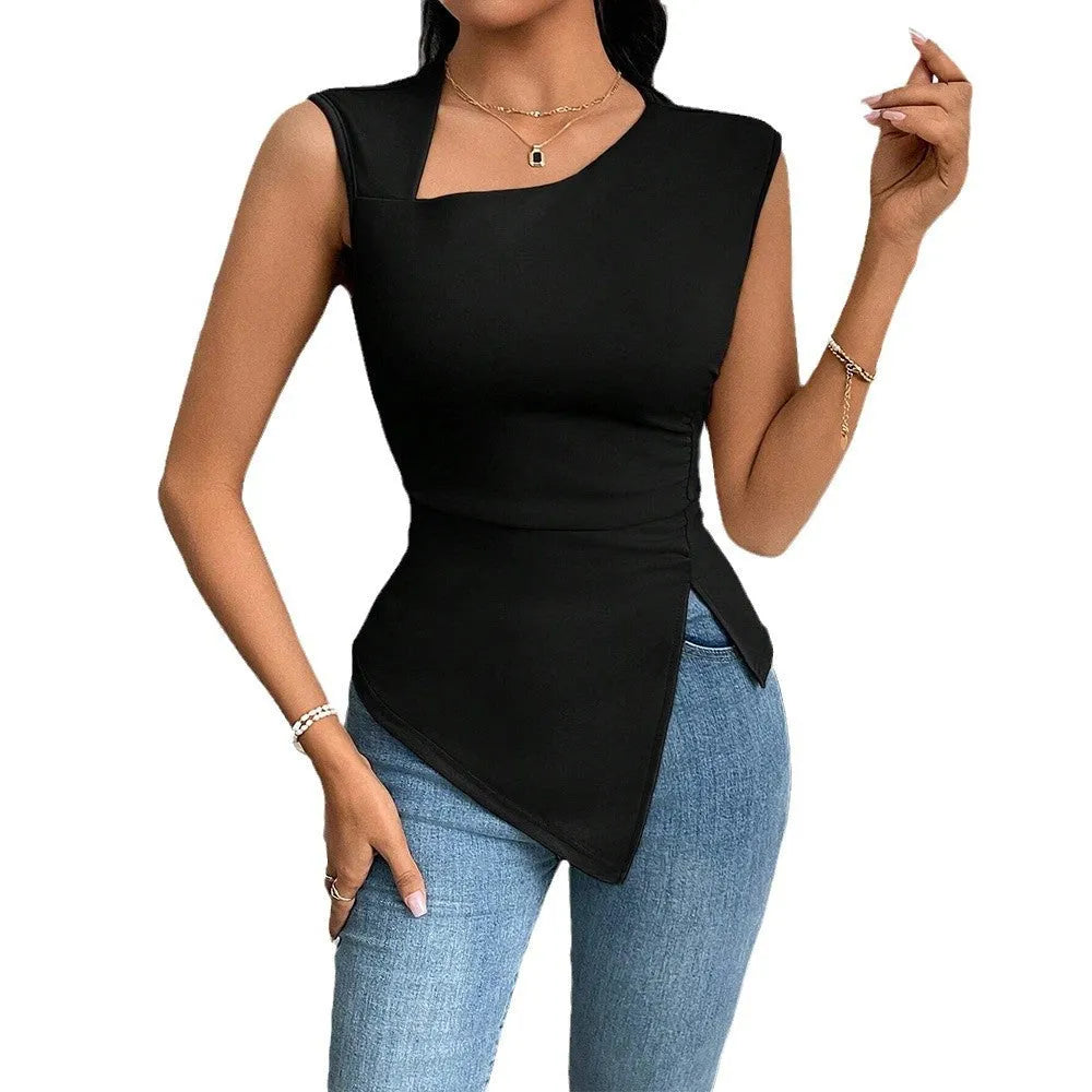 Women's diagonal collar slim fit short sleeve solid colour polyester top in black beige light blue light yellow brown purplish red dark blue