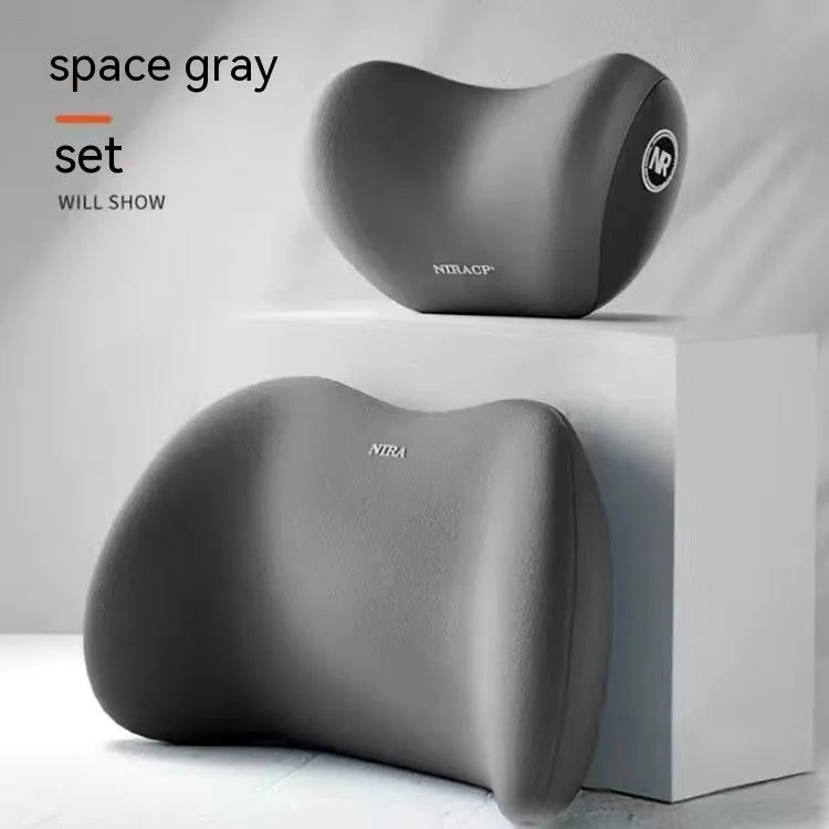 Black memory foam car headrest pillow and matching lumbar support pillow with a milk silk cover.