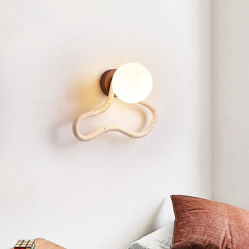 Cream Middle Ancient style bedroom wall lamp with travertine glass shade and solid wood base
