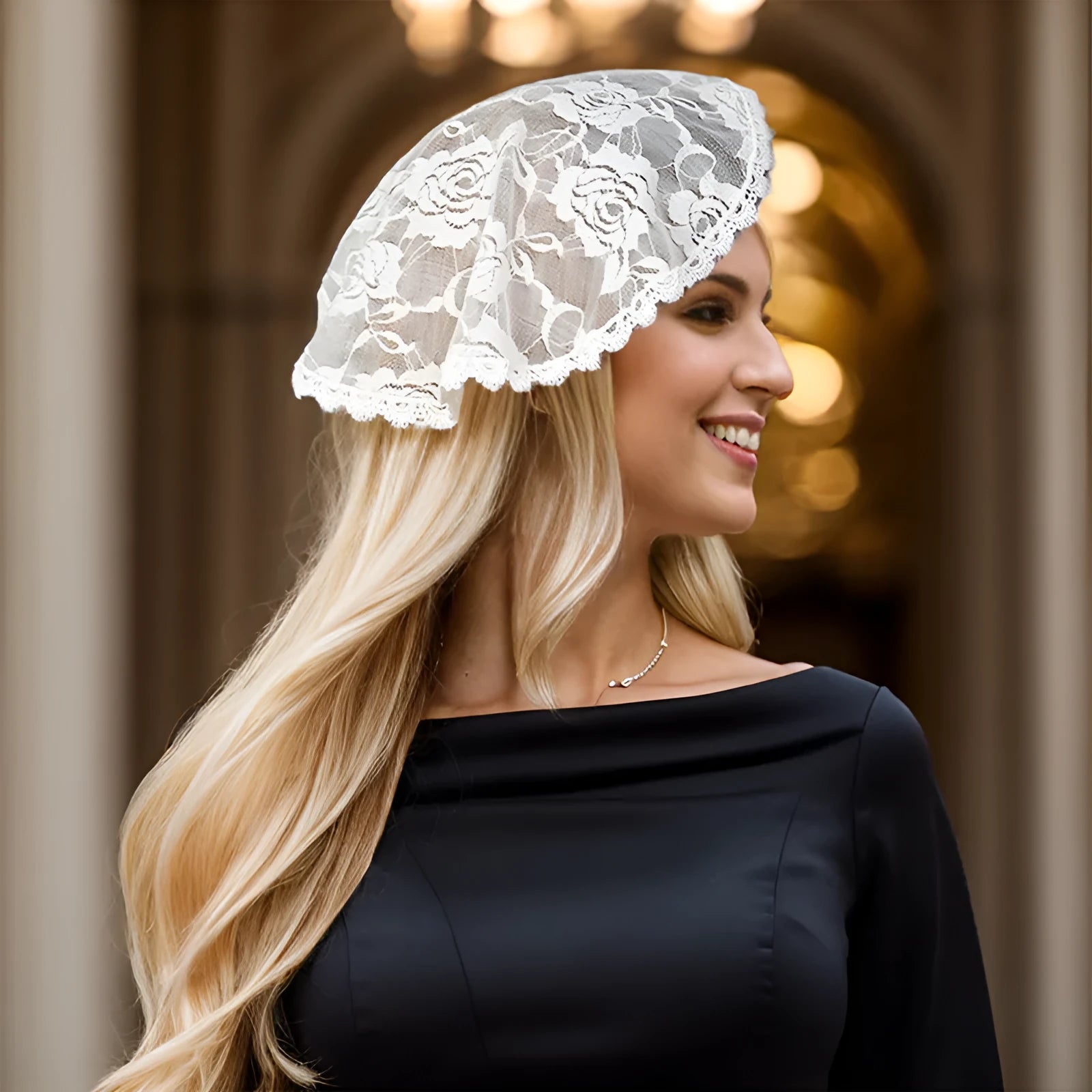 Round wedding veil head covering with floral decoration in black or white colours measuring 30cm diameter