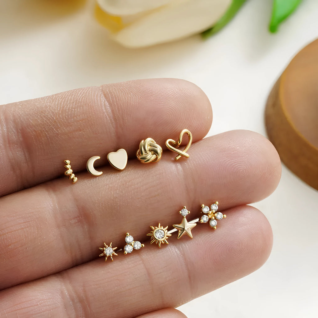 Titanium steel mini ear bone stud with electroplated gold finish and zircon crystal accent in geometric shape