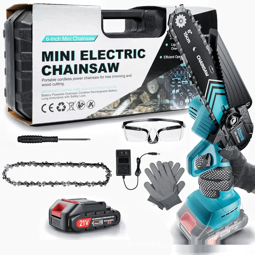 Cordless handheld mini electric chainsaw with 6-inch chain, two batteries, charger, safety goggles, gloves, and storage box