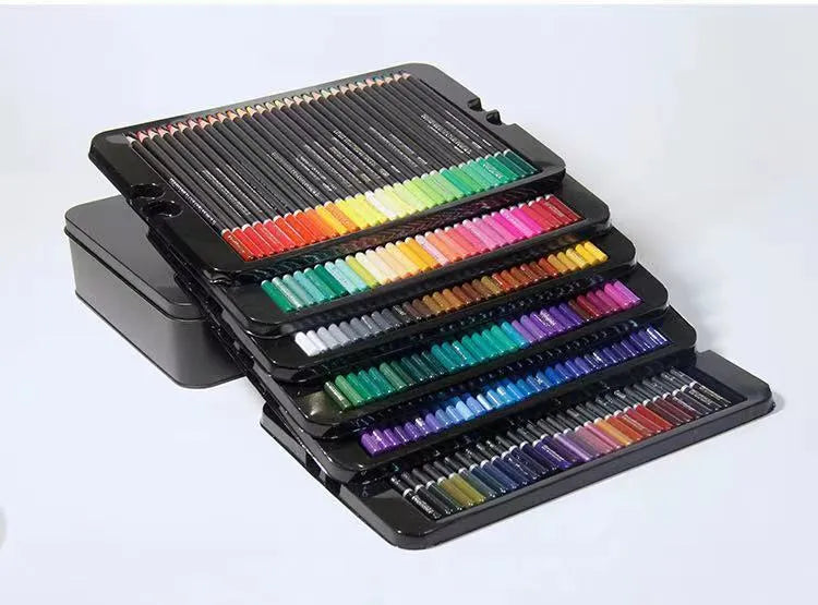 180-colour oily painting pencils in wooden cases organised in rainbow arrangement inside protective tin box