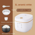White or beige 3-litre rice cooker with black inner pot and included accessories