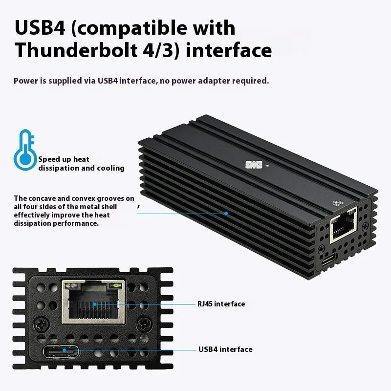 Black Leyu USB4 to RJ45 10 Gigabit Ethernet network adapter on a desk.