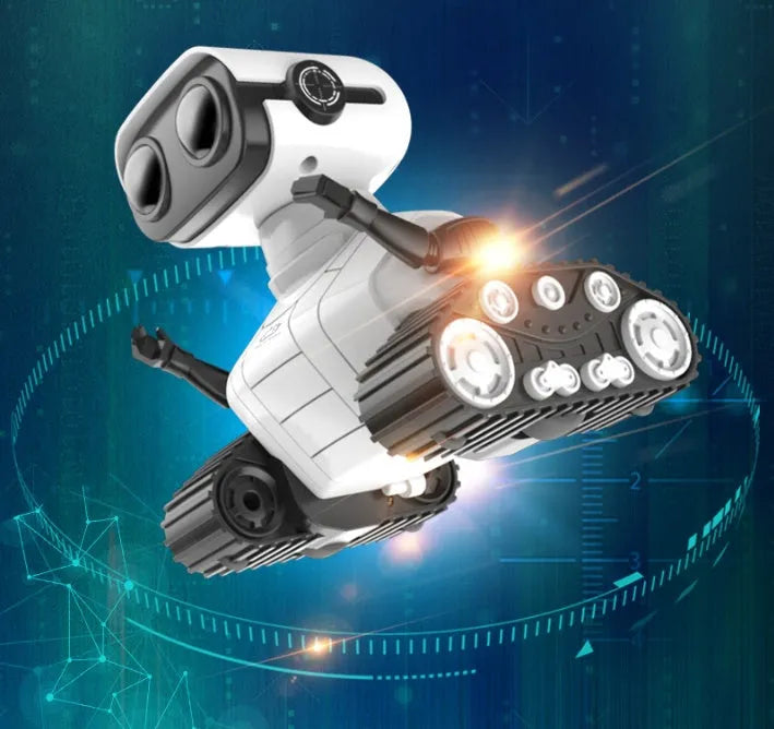 White plastic USB rechargeable remote control robot toy for children with handle remote, sound and light dancing, ages 7-14