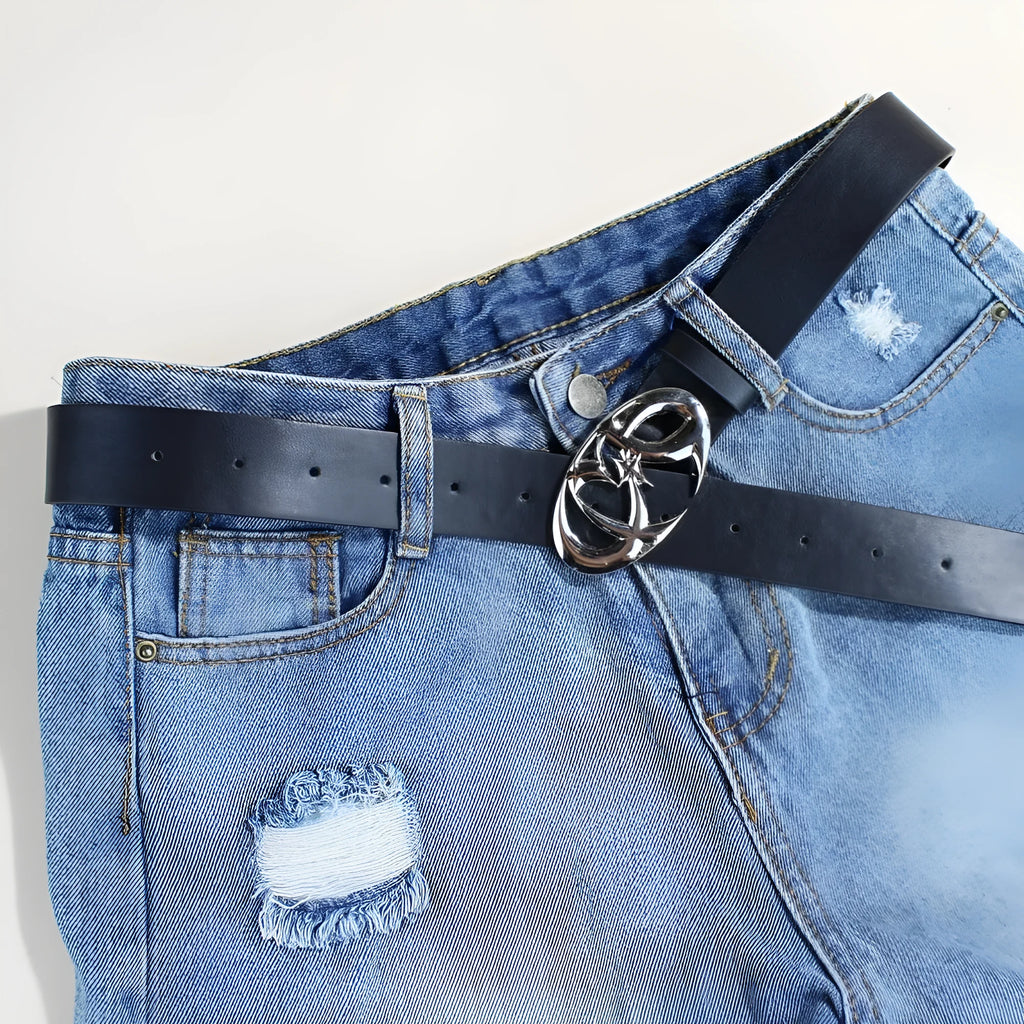 Casual silver buckle PU leather belt showing 3.3cm width and snap button fastening