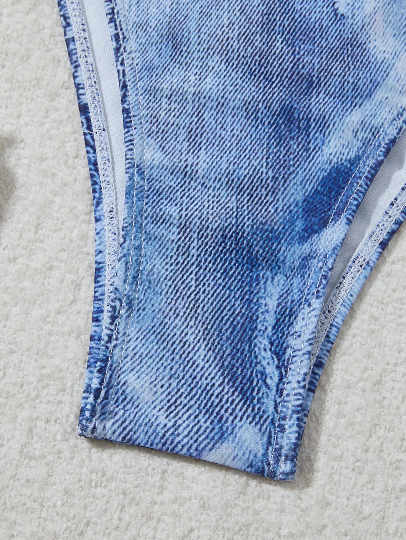 Women's denim blue printed bikini suit with sexy strap design, sizes S to XL.