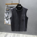 Men's loose fit black cotton sleeveless t-shirt on a hanger, showing straight hem design.