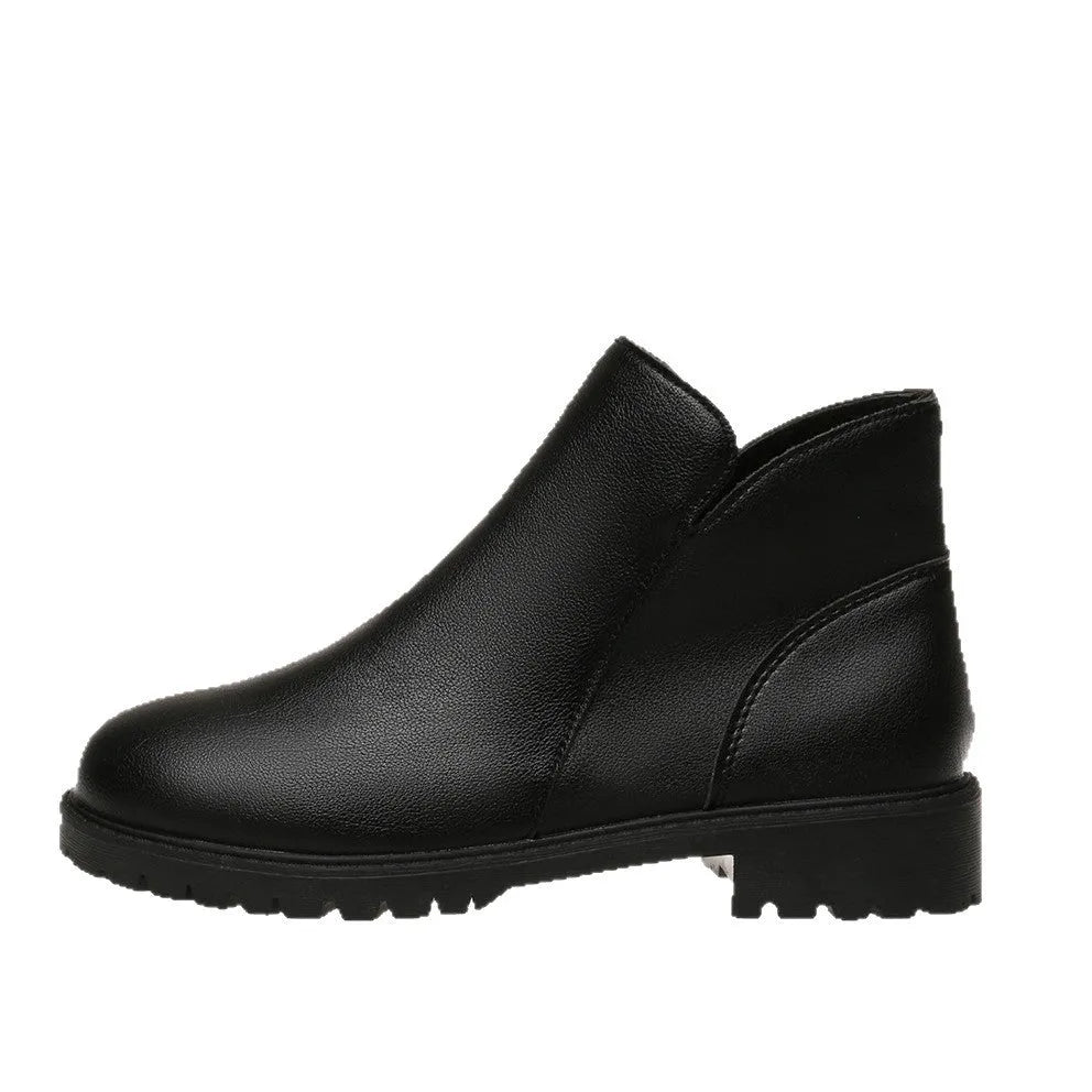Women's casual low-cut ankle boots in dark brown with chunky heel, side zipper, and stitching on synthetic PU upper