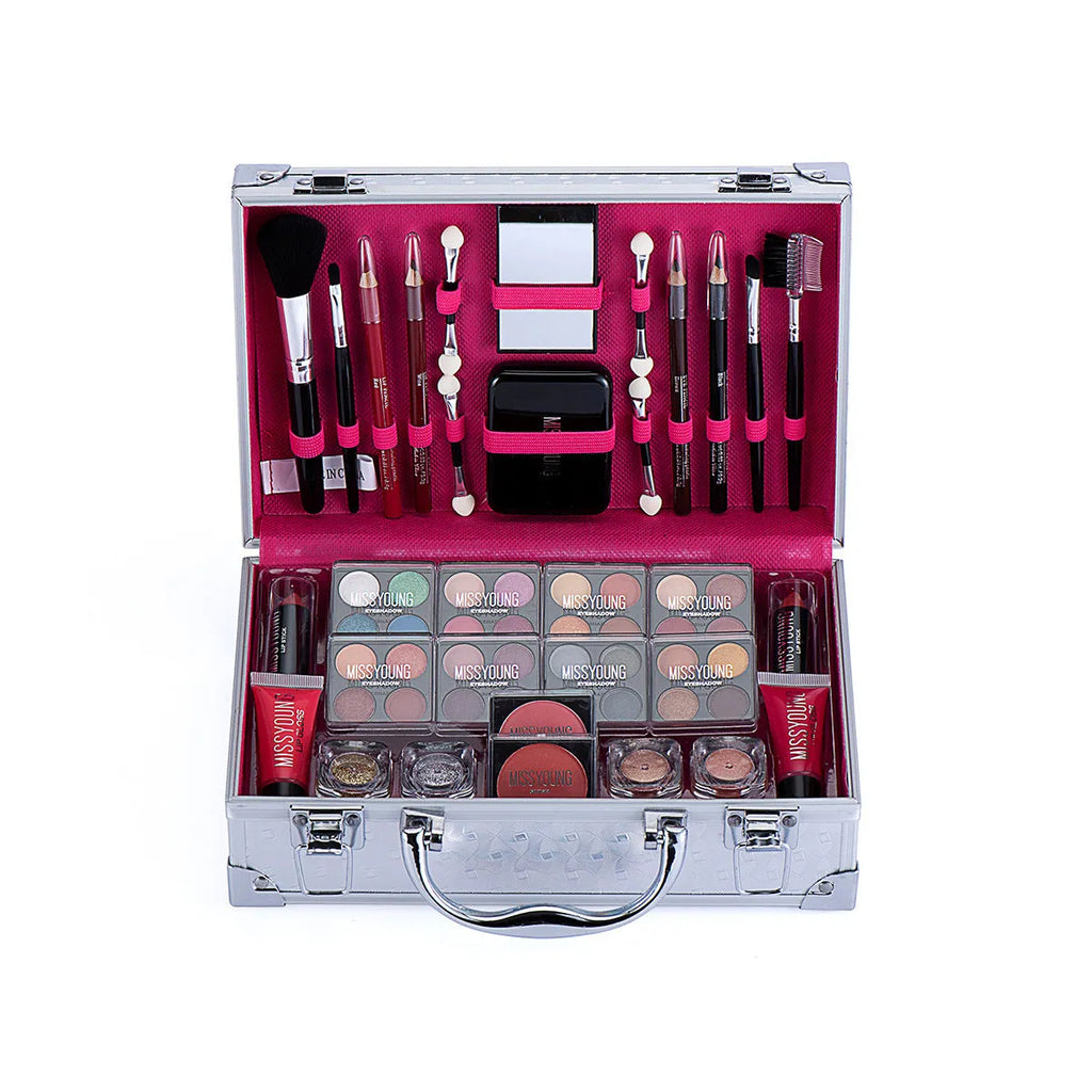 Creative colourful cosmetics set in Pink or Silver, 25 x 16 x 8.5 cm, with lipstick, eye shadow, mascara and brush