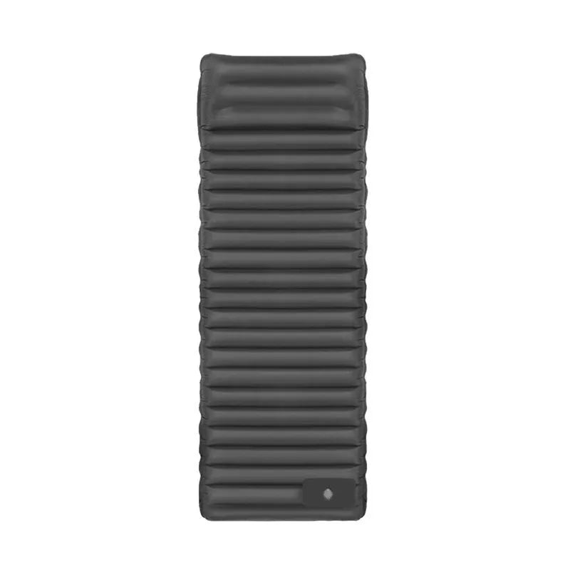 Single person inflatable camping mattress in grey colour, shown expanded to 195cm length.