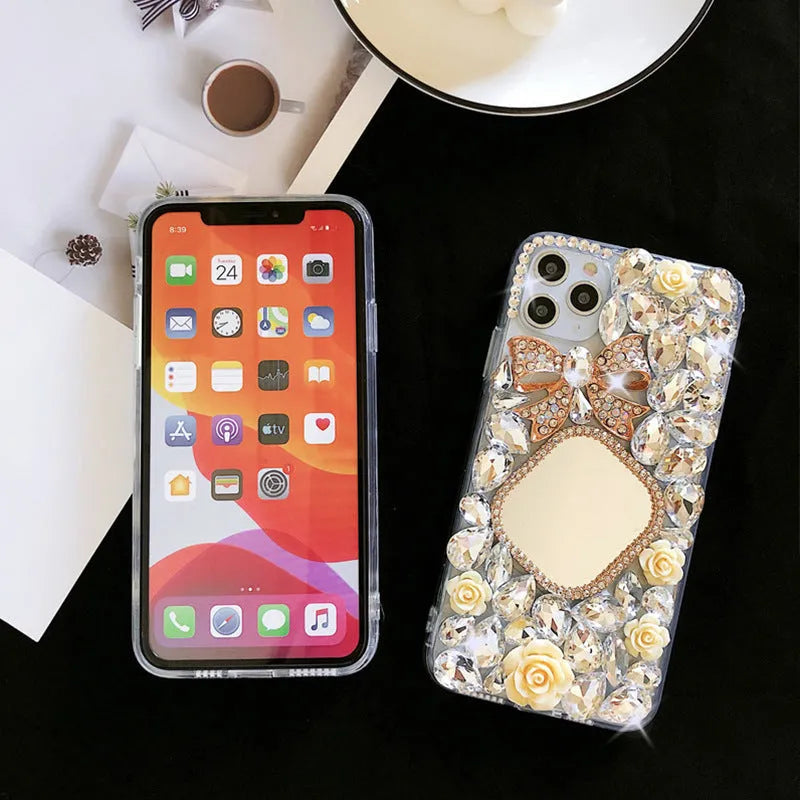 Handmade silicone phone case with rhinestone mirror diamond bow flower design in aura bright white flower for iPhone