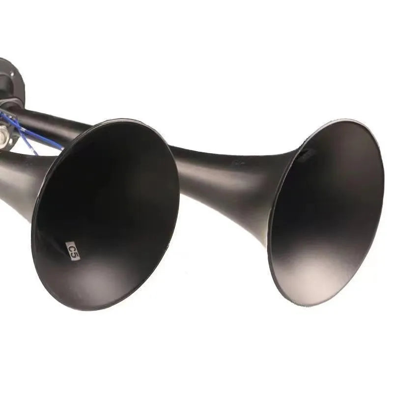 Black dual trumpet 300DB loud air horn and compressor kit for 12V and 24V vehicles.