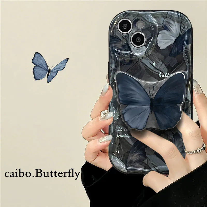 Butterfly bracket silicone drop-resistant phone case for Apple iPhone, solid black design, thermal transfer process, all-inclusive protection