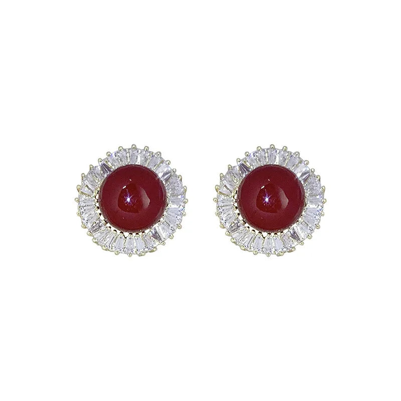 French retro pearl zircon earrings with gold-tone base, white imitation pearl and clear zircon, Style1 drop design.