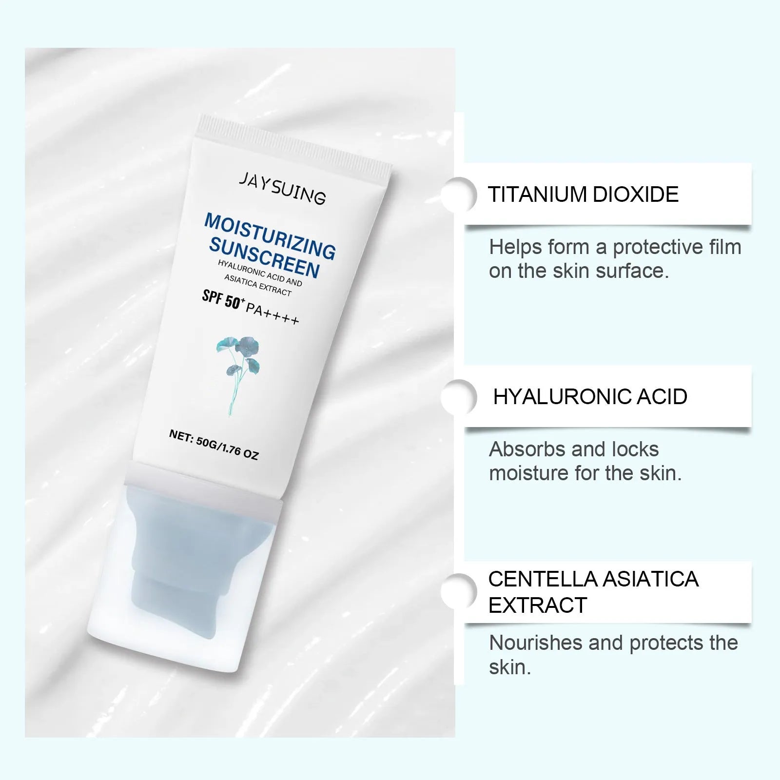 Portable 50g snow grass sunscreen tube with Centella Asiatica and hyaluronic acid